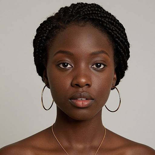 Photograph of a dark-skinned African woman with short, textured black hair, wearing large gold hoop earrings and a thin gold necklace, against a plain