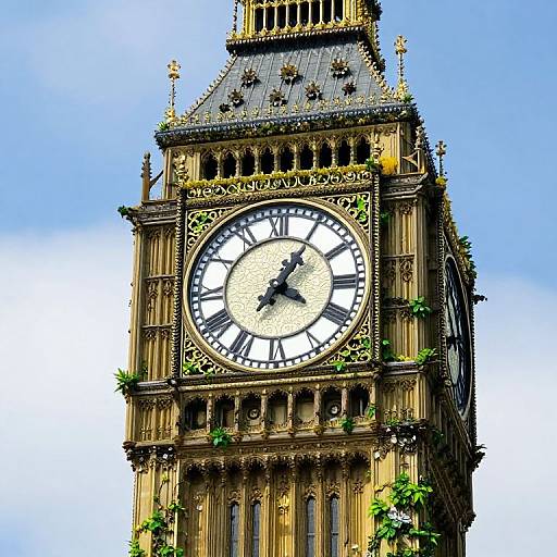 Photograph of the ornate Big Ben clock tower with a large, black Roman numeral clock face, golden accents, and climbing greenery against a bright