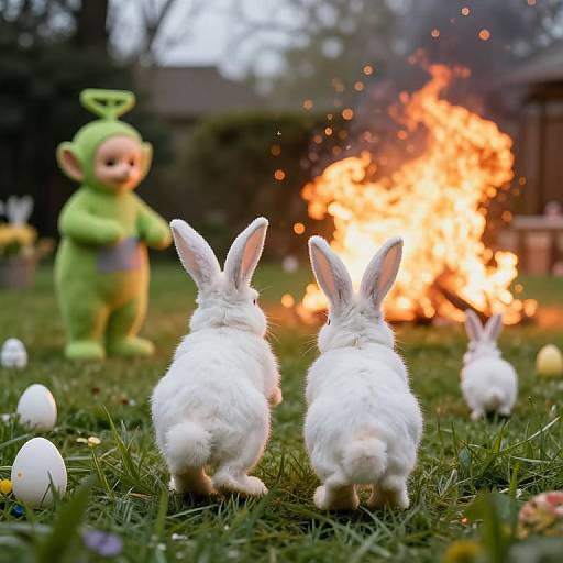 Photograph of three white fluffy rabbits, facing a bright fire, with a green plush toy in the background on grass.