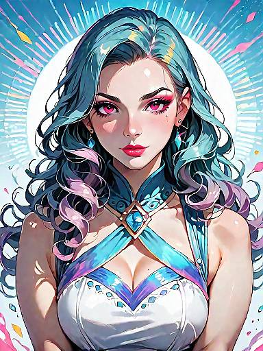 Elegant anime-style girl in teal sheer tunic and black leggings