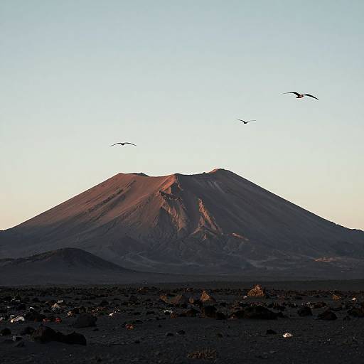 Photograph of a volcanic mountain at sunset, with three birds flying above, set against a clear, gradient sky from white to blue. Dark rocky foreground