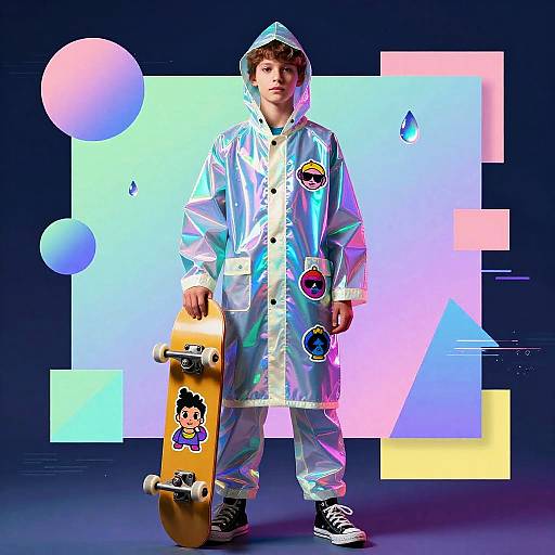 Holographic Raincoat Teen in Vaporwave Cubism