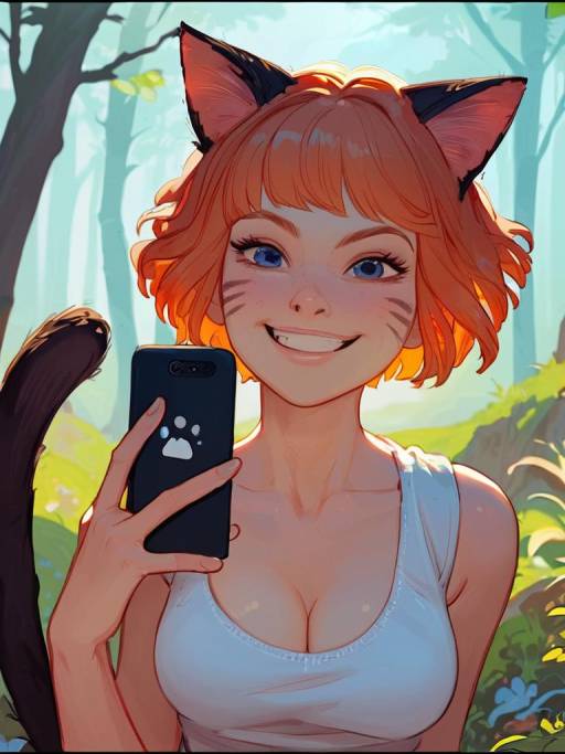Cheerful Girl with Cat Features in Nature