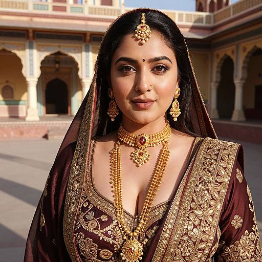 Photograph of an Indian woman in traditional attire, wearing gold jewelry, a maroon and gold embroidered dress, and a veiled headpiece, standing