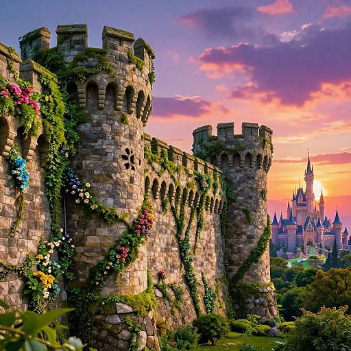 Photograph-style digital art: Vibrant medieval castle with ivy-covered stone towers, colorful flowers, and sunset sky, with a distant fairy-tale