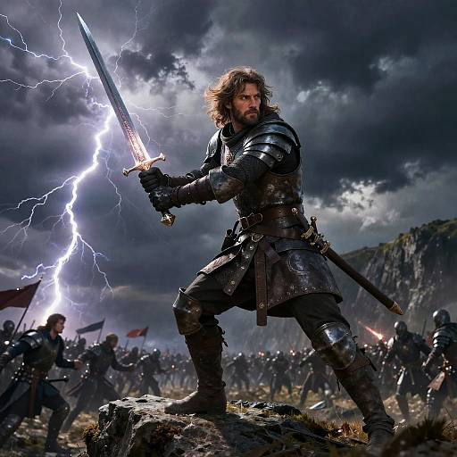 Photorealistic fantasy image: Muscular, bearded warrior with long brown hair in black armor, wielding lightning-enchanted sword, standing on rock