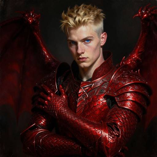 Photorealistic digital art of a blonde, blue-eyed man with dragon wings, wearing red, textured, metallic armor, crossing arms, against dark background