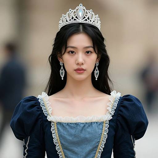 Photograph of an Asian woman with fair skin, long black hair, wearing a silver tiara, black puffed-sleeve dress with white lace