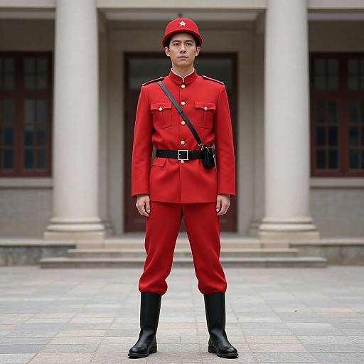 Photograph of a young Asian male soldier in a bright red uniform with a red cap, black belt, and boots, standing in front of a classical