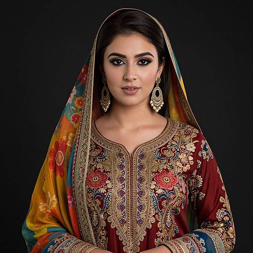 Photograph of an Indian woman in a colorful, ornately embroidered salwar kameez with gold detailing, wearing a matching dupatta and large,