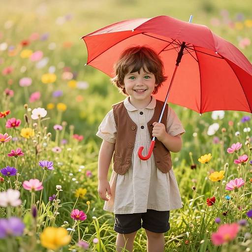 Photograph of a smiling young girl with brown hair, holding a red umbrella, standing in a vibrant, colorful meadow of wildflowers.
