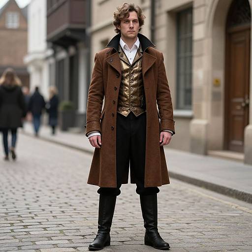 Photograph of a young man with wavy brown hair, wearing a brown coat, gold vest, white shirt, black pants, and boots, standing