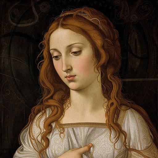 Digital artwork of a serene, fair-skinned, red-haired woman with wavy hair, wearing a white, embroidered dress, against a dark background,