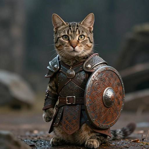 Tabby Cat in Viking Armor with Shield