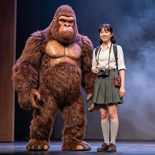 Photograph of a smiling Asian woman in a school uniform with a camera, standing next to a large, furry gorilla on stage.