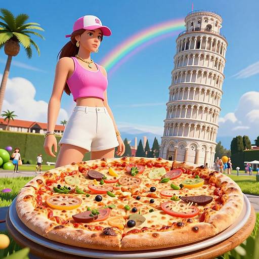 CGI image of a young woman in pink top and white shorts, with pink cap, standing by a large pizza beside the Leaning Tower of P