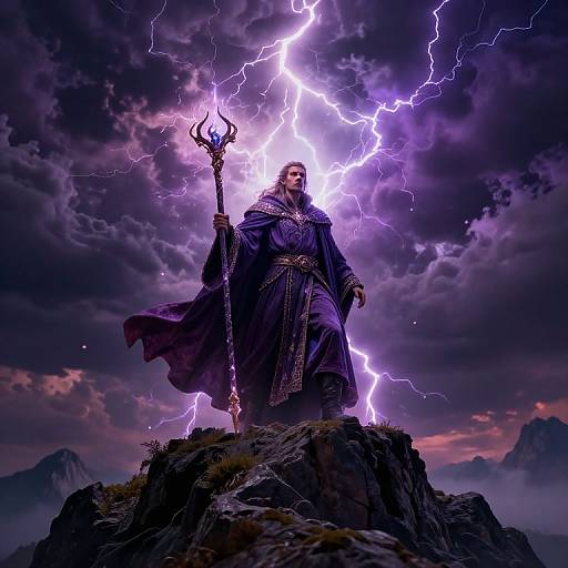 Digital fantasy artwork of a powerful, bearded sorcerer in dark purple robes, holding a lightning-infused staff, standing on a rocky peak amid a