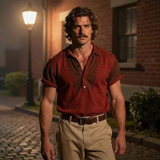 Handsome Man in Period Outfit on Cobblestone Path at Night
