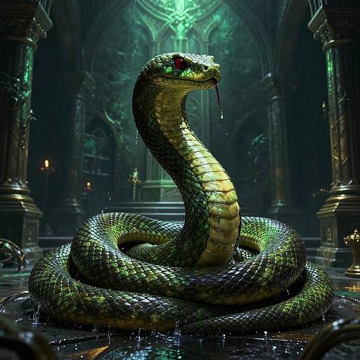 Photorealistic CGI of a green and yellow snake with glowing red eyes, coiled in a dimly lit, gothic cathedral.