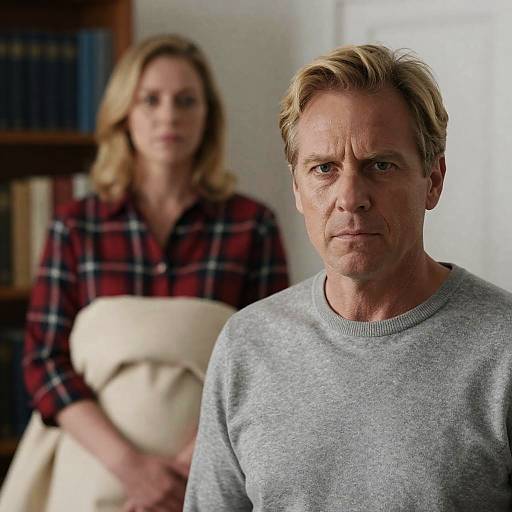 Two People Indoors with Intense and Neutral Expressions