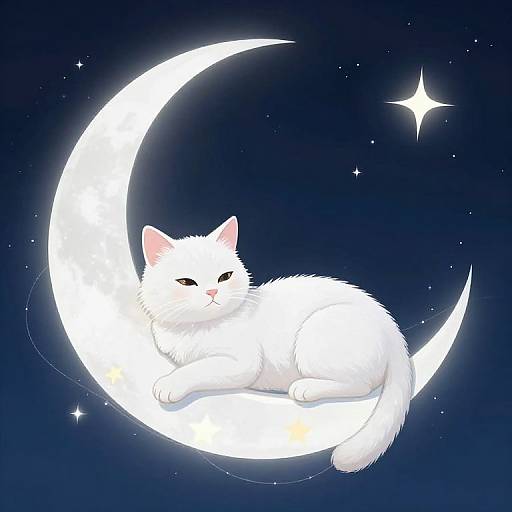 Digital artwork of a white fluffy cat lounging on a glowing crescent moon against a dark blue starry night sky.