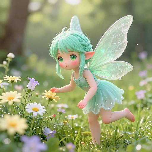 Digital artwork of a cute, green-haired fairy with translucent wings, in a sunlit meadow, picking flowers with a joyful expression.