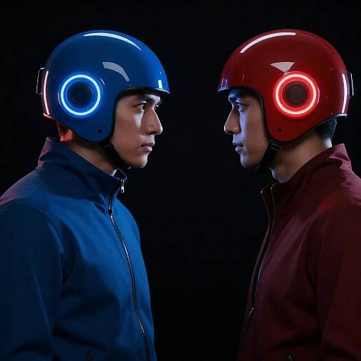 Futuristic Duel: Glowing Helmeted Faces