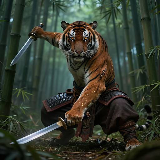 Digital art of a fierce, armored tiger wielding two swords in a dense bamboo forest, crouched ready for battle.