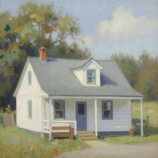 Impressionist painting of a small white cottage with a gray roof, blue door, and white porch, surrounded by green trees and a bright blue sky