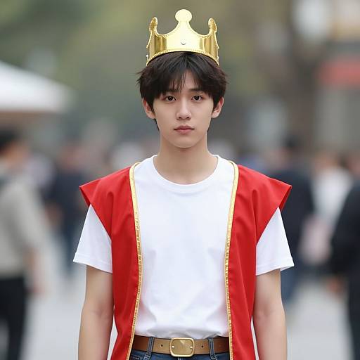 Photograph of an East Asian young man with black hair, wearing a gold crown, white t-shirt, red royal robe, and brown belt, standing