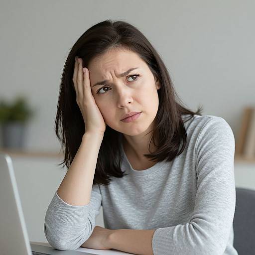 Photograph of a concerned Caucasian woman with straight black hair, wearing a gray sweater, resting her hand on her forehead. Blurred background with a plant
