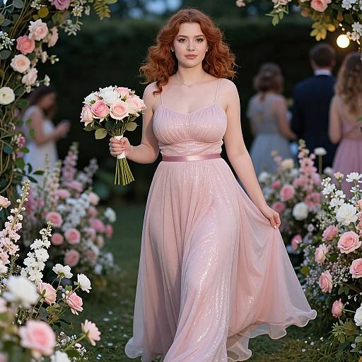 Photograph of a red-haired woman in a pink, sleeveless, flowing dress holding a bouquet, standing in a flower-adorned archway at