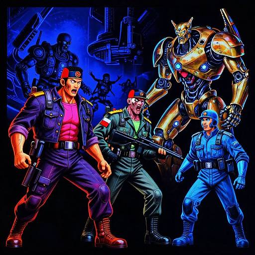 Vibrant digital art of four muscular, armed soldiers in blue and black uniforms, with a large golden robot, against a blue, industrial background.
