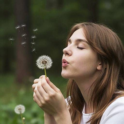Photograph of a young woman with light brown hair, white shirt, blowing on a dandelion, with seeds dispersing, set against a green