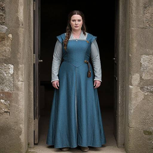 Photograph of a serious-looking woman with long brown hair, wearing a blue denim dress over a white long-sleeve blouse, standing in a stone