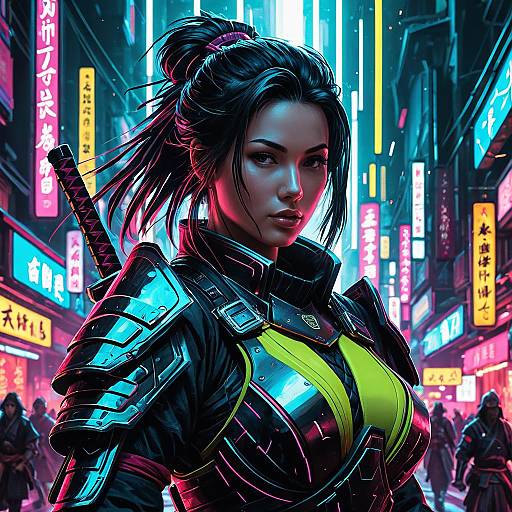 Cyberpunk Samurai Woman with Neon Armor