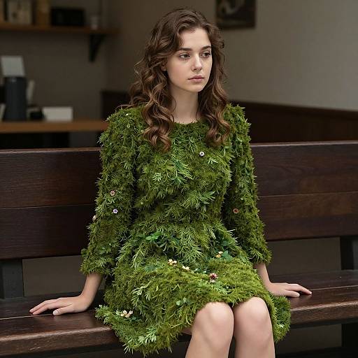 Young Woman in Mossy Leaf Dress