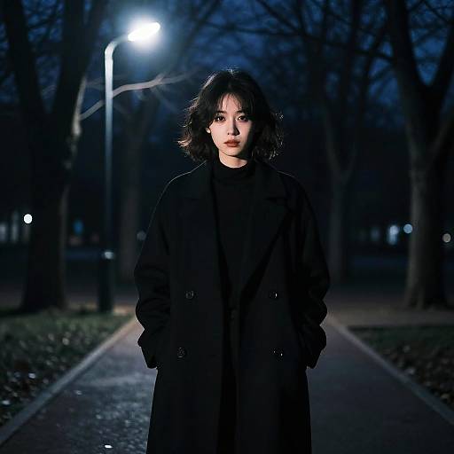 Photograph of a young woman with short, dark hair, wearing a black coat, standing in a dark, illuminated park at night.