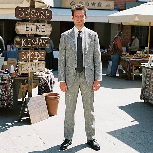 Photograph of a smiling man in a gray checkered suit with a black tie, standing in a sunny outdoor market, signs behind him reading 
