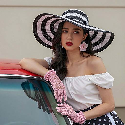 Stylish Asian Woman by a Red Car
