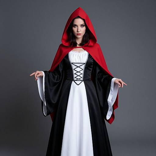 Photograph of a woman in a red hooded cloak over a black and white dress, standing against a dark gray background.