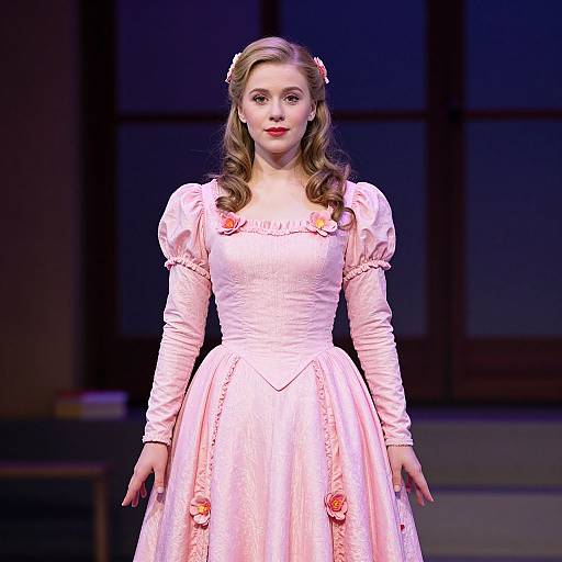 Photograph of a young woman with fair skin and wavy blonde hair, wearing a pink, puffed-sleeve, Victorian-style dress adorned with