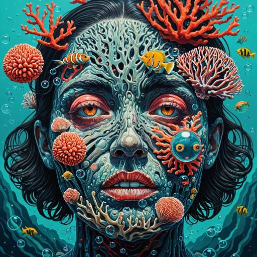Surreal Underwater Face with Coral and Sea Creatures