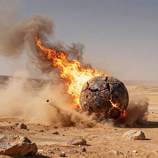 Photograph of a large, cracked ball on a desert sand dune, engulfed in bright orange flames and thick black smoke under a clear blue sky