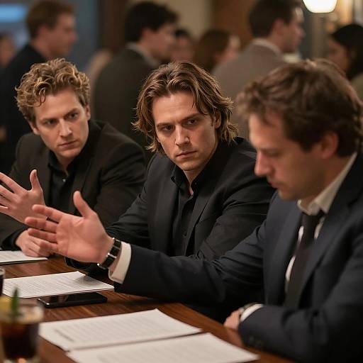 Three Men Engaged in Bar Discussion