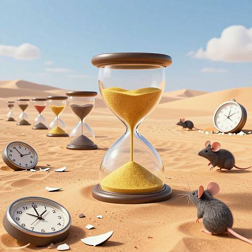 Photorealistic image of desert with hourglasses, clocks, and mice; hourglasses show sand flowing, clocks stopped, mice scurrying