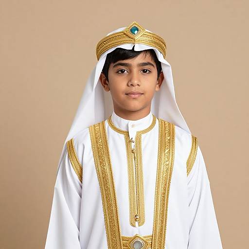 Photograph of a young boy with medium brown skin, wearing a white and gold embroidered traditional Middle Eastern outfit, including a white headpiece with a blue
