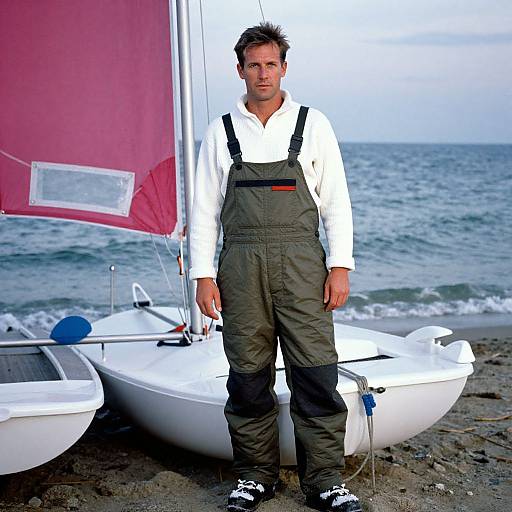 Photograph of a Caucasian man with short brown hair, wearing a white shirt and green overalls, standing beside a white sailboat with a pink sail