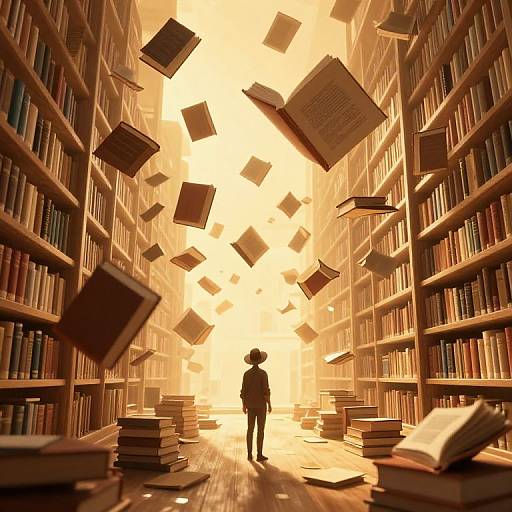 Digital artwork: Silhouetted figure stands in a sunlit library aisle, surrounded by floating books, with tall shelves on both sides. Warm yellow