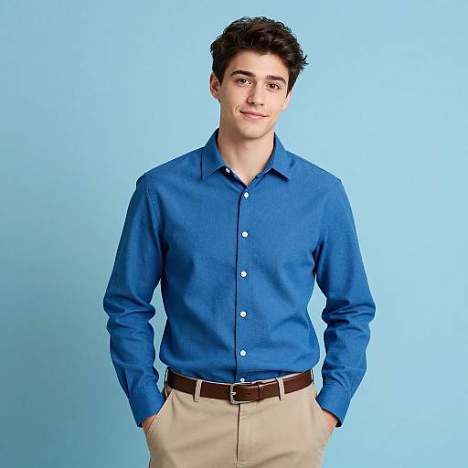 Photograph of a young man with short, dark hair, wearing a blue button-up shirt and beige pants, standing against a light blue background. Hands